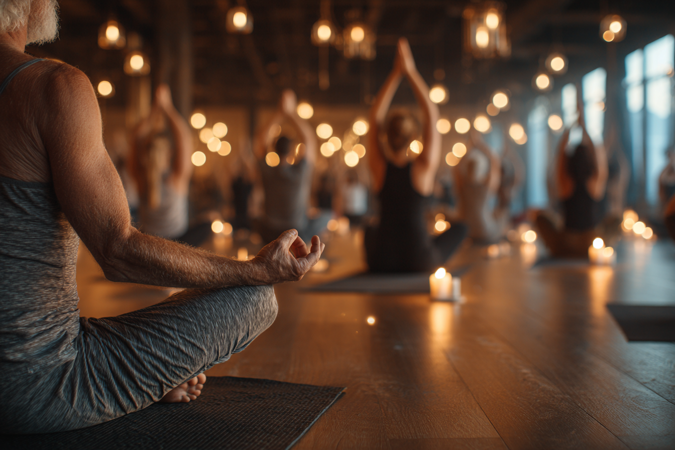Grupa de seniori practicând yoga în studio